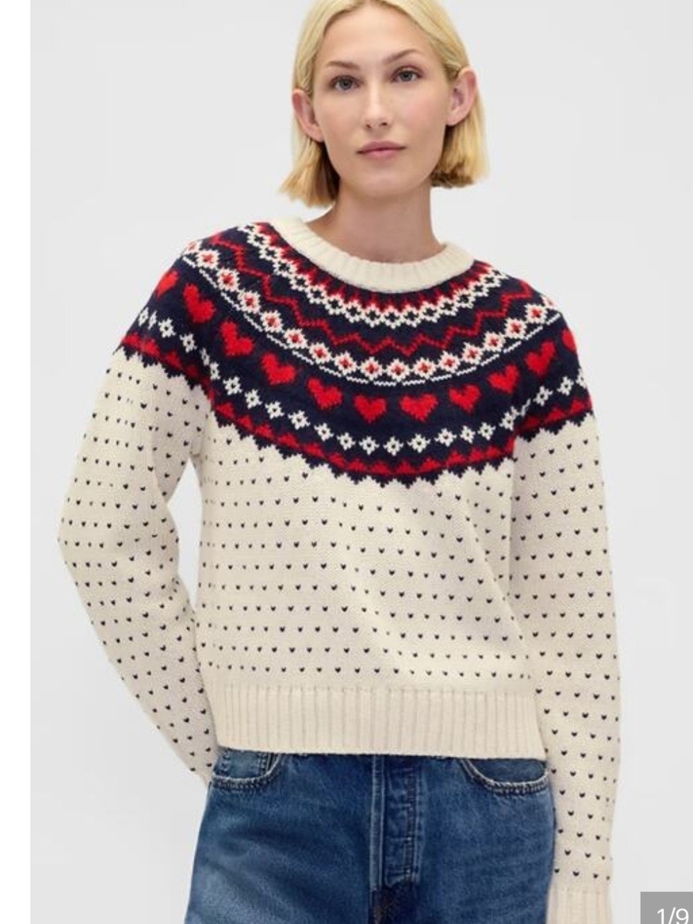 GAP Cream Fair Isle Crewneck Sweater with Red and Navy Hearts